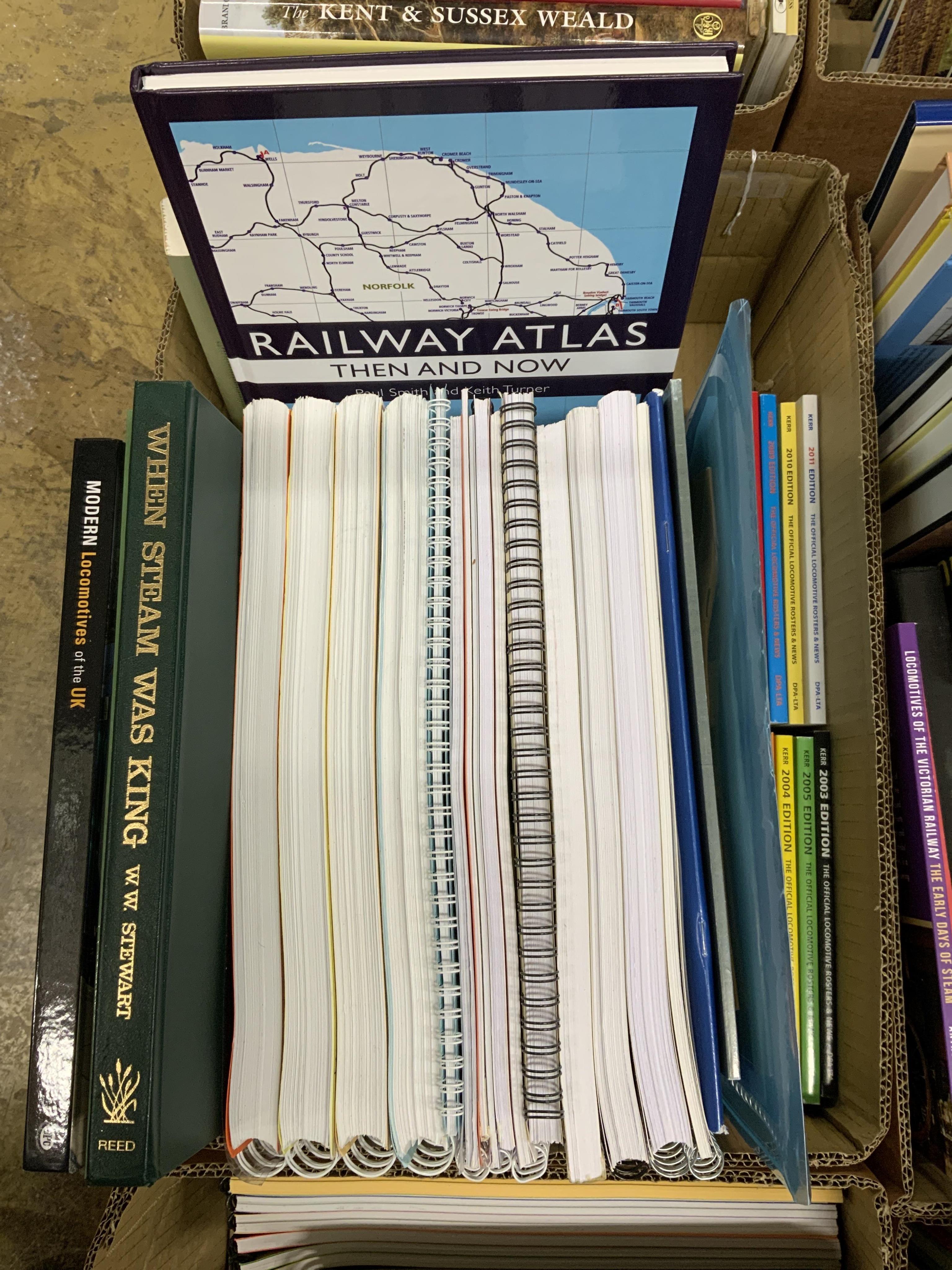 Eight boxes of railway related books, subjects include; the Great Western Railway, industrial locomotives, North British Railway, the Ffestiniog Railway, etc. publishers include; Oakwood Press, Pen & Sword, Ian Allan, Da